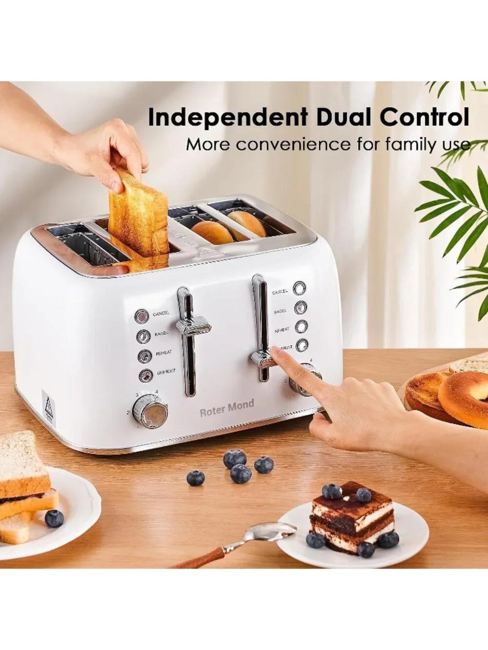 4 Slice White Retro Stainless Steel with Extra Wide Slots Bagel Defrost Toaster